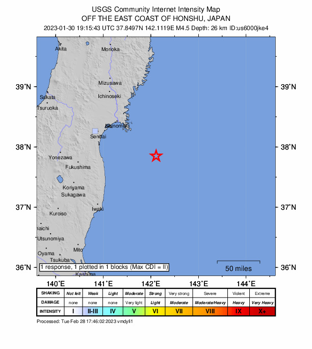 USGS DYFI community-reported intensity map for the M4.5 earthquake near 95 km SE of Ishinomaki, Japan