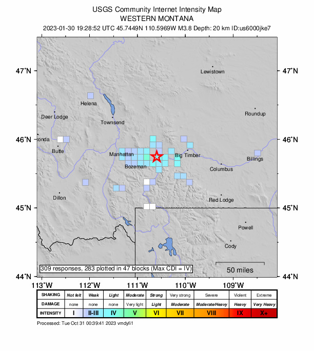 USGS DYFI community-reported intensity map for the M3.8 earthquake near 9 km NNW of Livingston, Montana