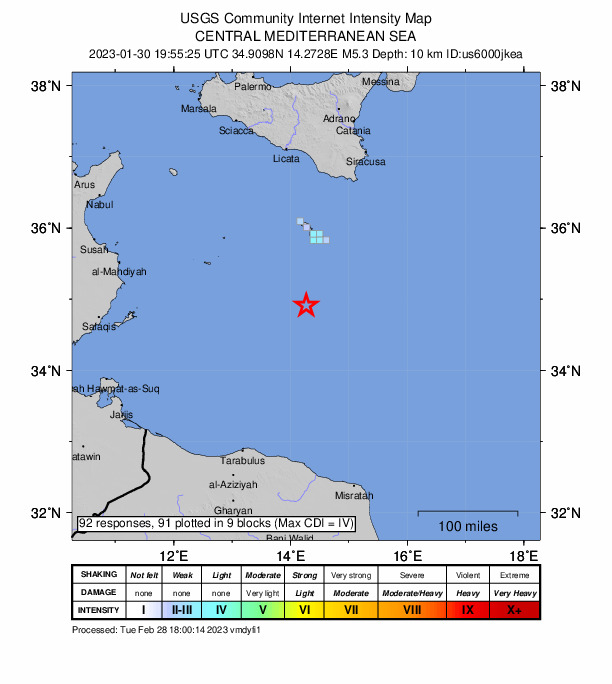 USGS DYFI community-reported intensity map for the M5.3 earthquake near 103 km S of ?urrieq, Malta