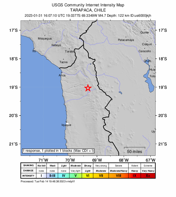 USGS DYFI community-reported intensity map for the M4.7 earthquake near 119 km ESE of Arica, Chile