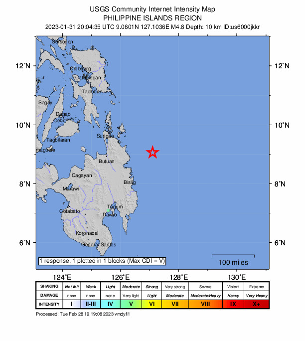 USGS DYFI community-reported intensity map for the M4.8 earthquake near 89 km ENE of Aras-asan, Philippines