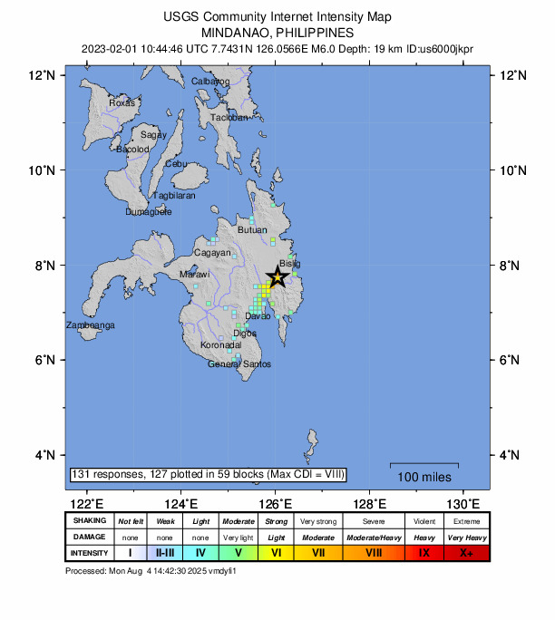 USGS DYFI community-reported intensity map for the M6.0 earthquake near 1 km NW of Babag, Philippines
