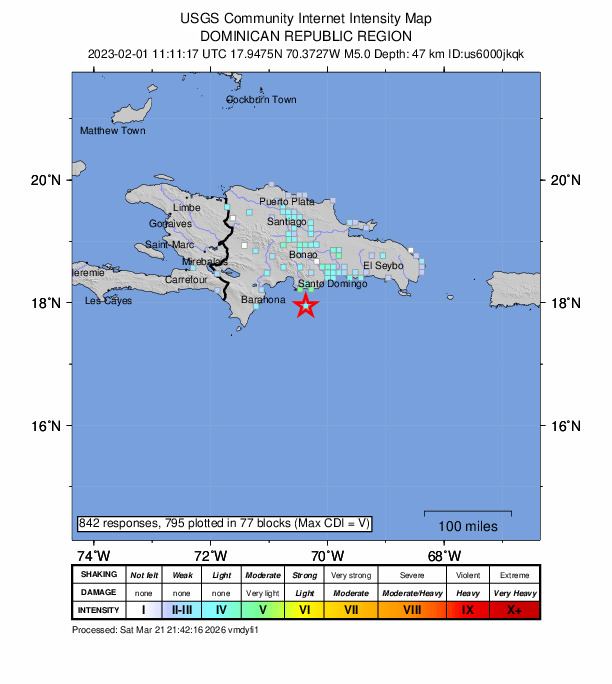 USGS DYFI community-reported intensity map for the M5.0 earthquake near 33 km S of Matanzas, Dominican Republic