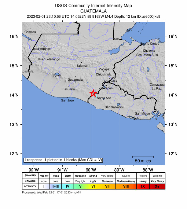 USGS DYFI community-reported intensity map for the M4.4 earthquake near 6 km S of Comapa, Guatemala