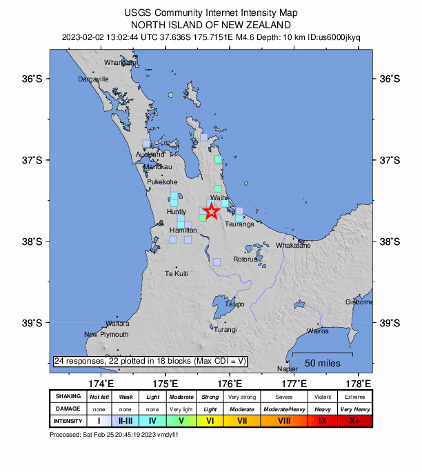 USGS DYFI community-reported intensity map for the M4.6 earthquake near North Island of New Zealand