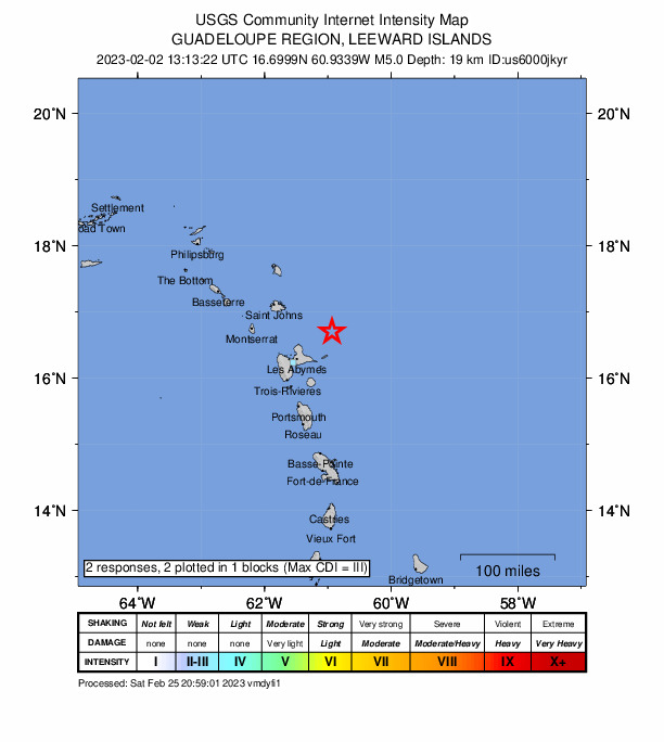USGS DYFI community-reported intensity map for the M4.6 earthquake near Leeward Islands