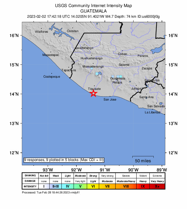 USGS DYFI community-reported intensity map for the M4.7 earthquake near 22 km SSW of Nueva Concepción, Guatemala