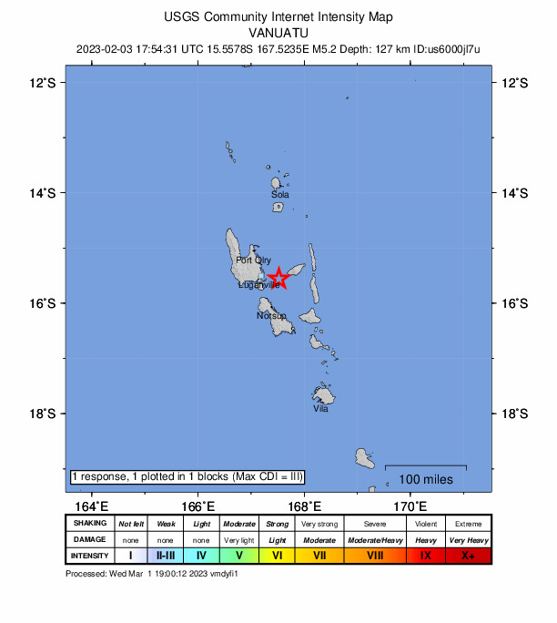 USGS DYFI community-reported intensity map for the M5.2 earthquake near 38 km E of Luganville, Vanuatu