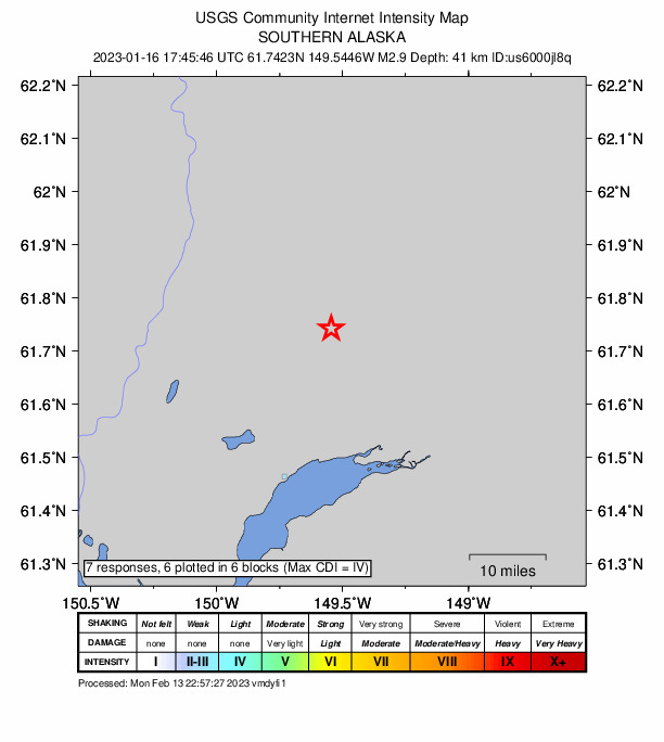 USGS DYFI community-reported intensity map for the M2.6 earthquake near 13 km NNE of Meadow Lakes, Alaska