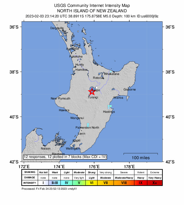 USGS DYFI community-reported intensity map for the M5.0 earthquake near 13 km NNE of Turangi, New Zealand