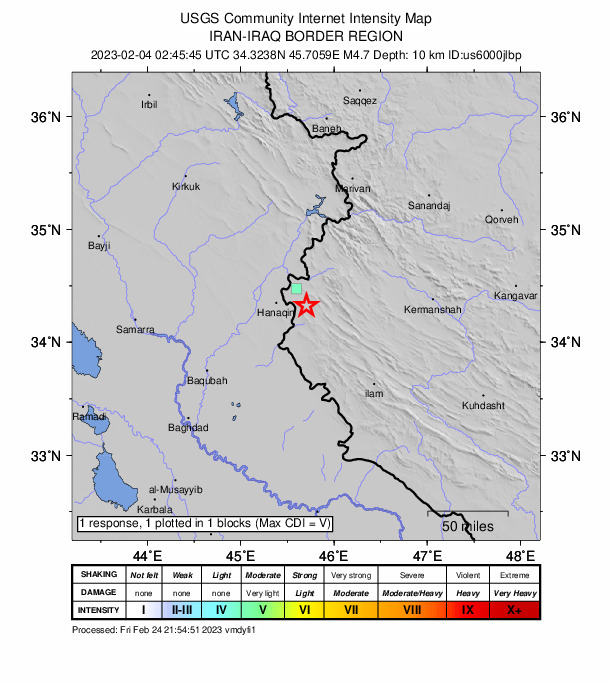 USGS DYFI community-reported intensity map for the M4.7 earthquake near 20 km SW of Sarpol-e Z?ah?b, Iran