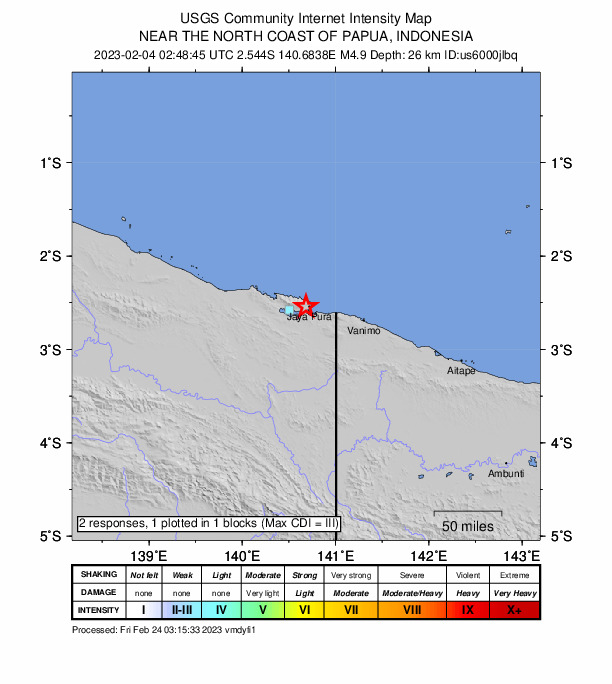 USGS DYFI community-reported intensity map for the M4.9 earthquake near 3 km WSW of Jayapura, Indonesia