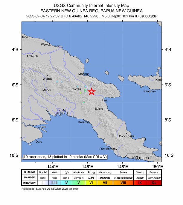 USGS DYFI community-reported intensity map for the M5.8 earthquake near 42 km ESE of Kainantu, Papua New Guinea