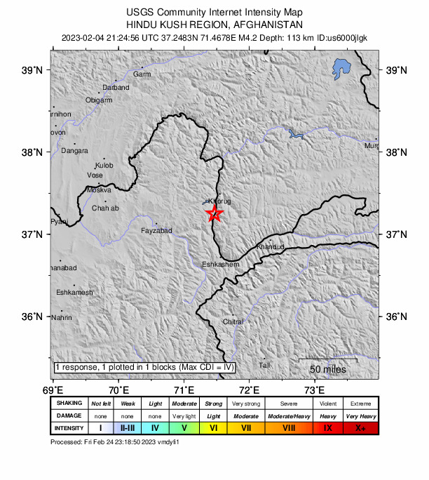 USGS DYFI community-reported intensity map for the M4.2 earthquake near 27 km SSW of Khorugh, Tajikistan