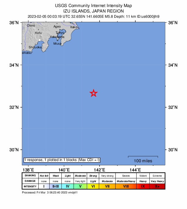 USGS DYFI community-reported intensity map for the M5.8 earthquake near Izu Islands, Japan region