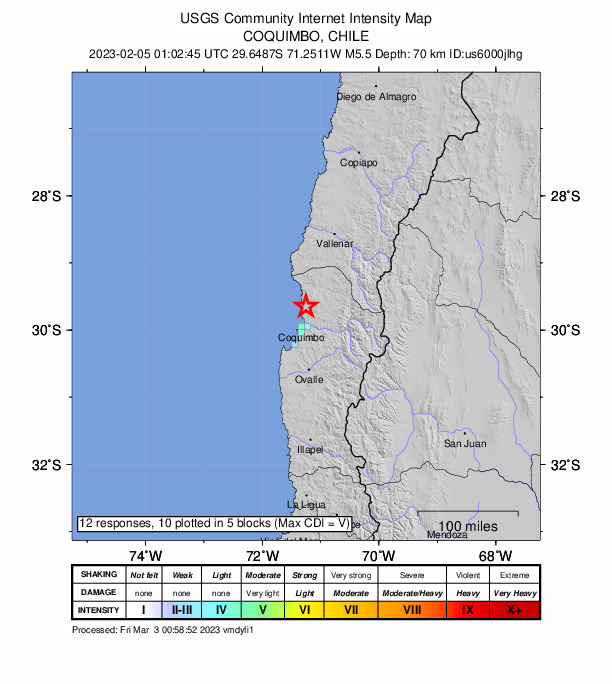 USGS DYFI community-reported intensity map for the M5.5 earthquake near 28 km N of La Serena, Chile
