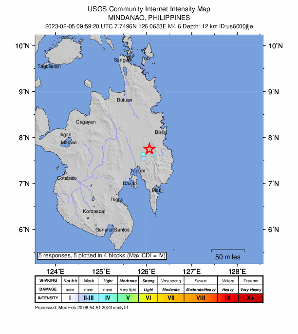 USGS DYFI community-reported intensity map for the M4.6 earthquake near 1 km NNW of Babag, Philippines