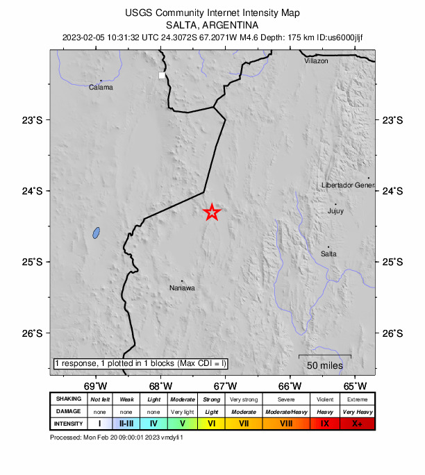 USGS DYFI community-reported intensity map for the M4.6 earthquake near 90 km W of San Antonio de los Cobres, Argentina