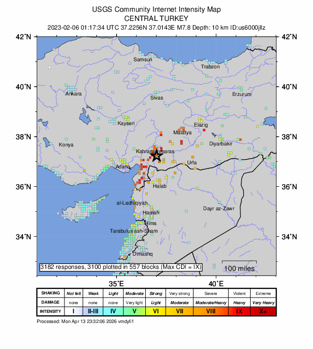 USGS DYFI community-reported intensity map for the M7.8 earthquake near Pazarcik earthquake, Kahramanmaras earthquake sequence