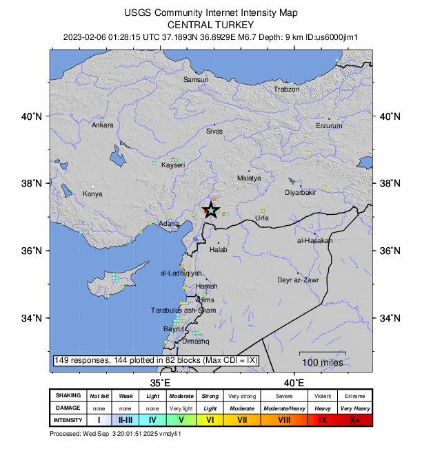 USGS DYFI community-reported intensity map for the M6.7 earthquake near 14 km E of Nurda??, Turkey