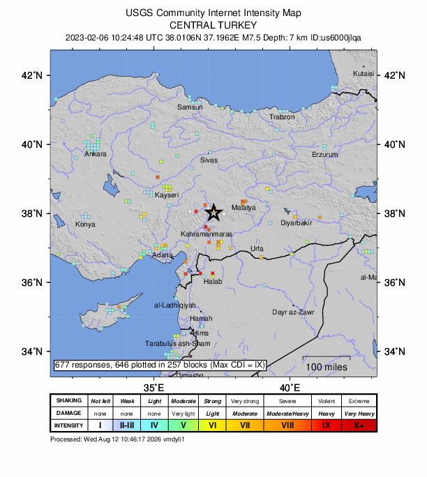 USGS DYFI community-reported intensity map for the M7.5 earthquake near Elbistan earthquake, Kahramanmaras earthquake sequence
