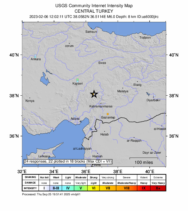 USGS DYFI community-reported intensity map for the M6.0 earthquake near 4 km NNE of Göksun, Turkey