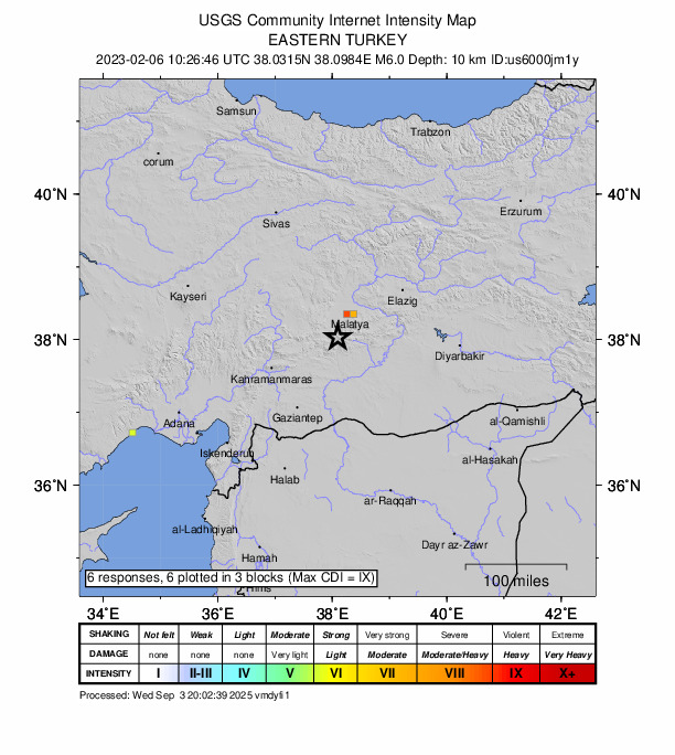 USGS DYFI community-reported intensity map for the M6.0 earthquake near 12 km W of Çelikhan, Turkey