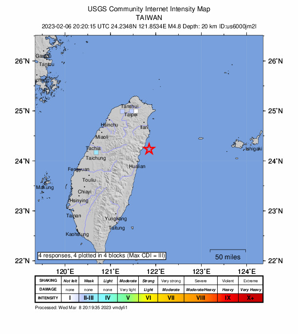 USGS DYFI community-reported intensity map for the M4.8 earthquake near 38 km NE of Hualien City, Taiwan