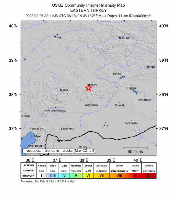 USGS DYFI community-reported intensity map for the M4.4 earthquake near eastern Turkey