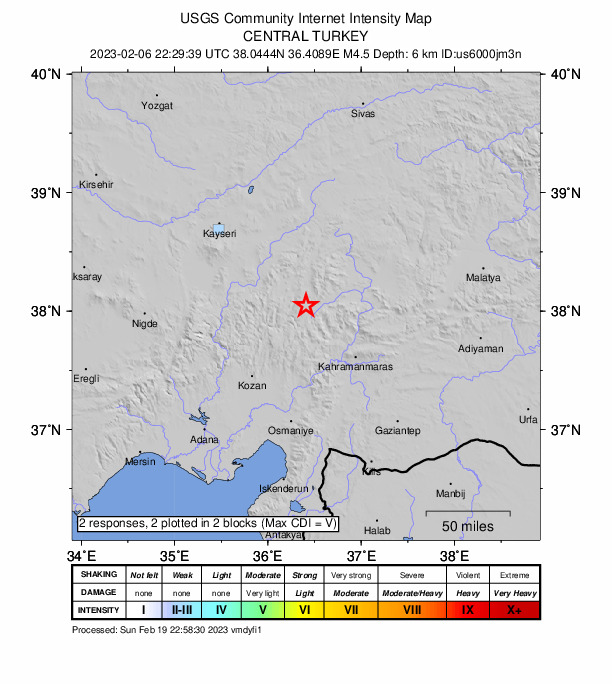 USGS DYFI community-reported intensity map for the M4.1 earthquake near 7 km WNW of Göksun, Turkey