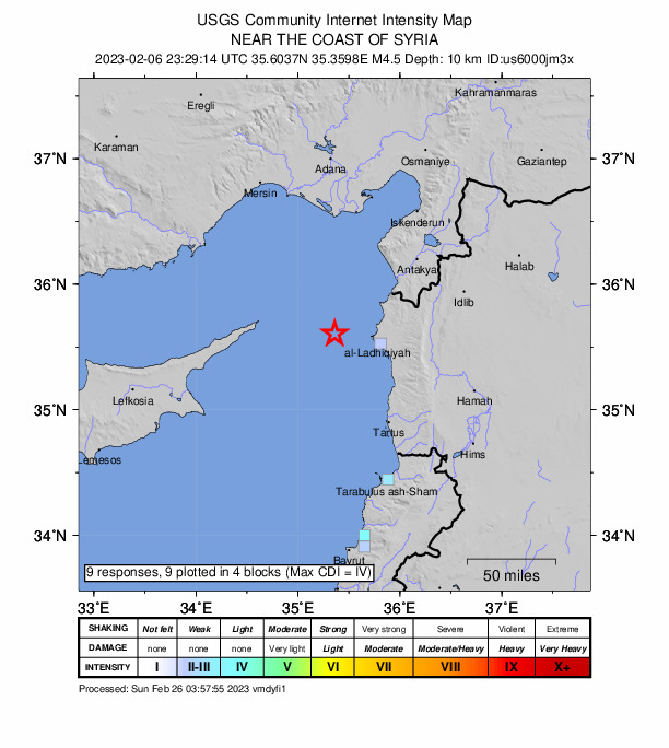USGS DYFI community-reported intensity map for the M4.5 earthquake near 39 km WNW of Latakia, Syria