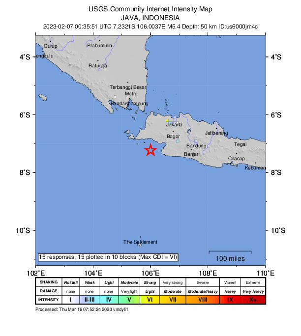 USGS DYFI community-reported intensity map for the M5.4 earthquake near 66 km WSW of Pelabuhanratu, Indonesia