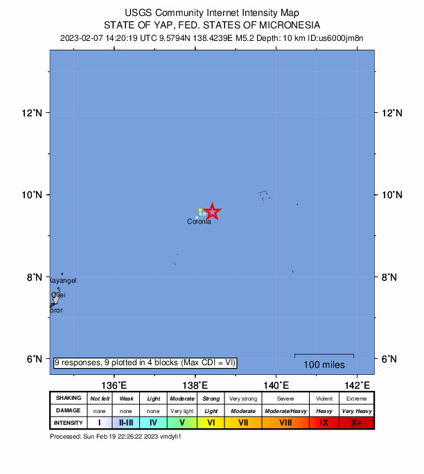 USGS DYFI community-reported intensity map for the M5.2 earthquake near State of Yap, Federated States of Micronesia