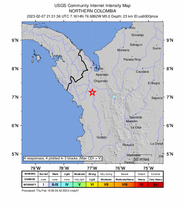 USGS DYFI community-reported intensity map for the M5.0 earthquake near northern Colombia