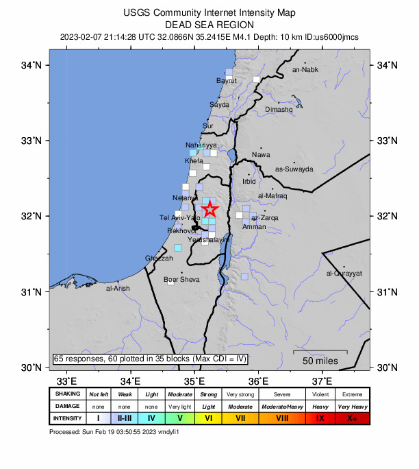 USGS DYFI community-reported intensity map for the M4.1 earthquake near Dead Sea region