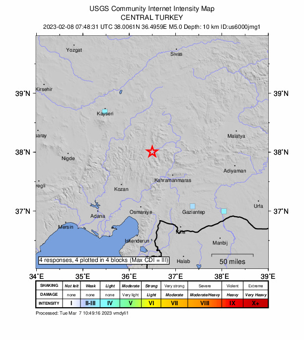 USGS DYFI community-reported intensity map for the M5.0 earthquake near 1 km S of Göksun, Turkey