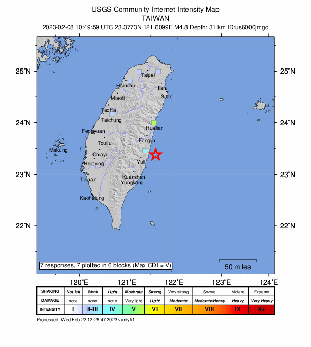 USGS DYFI community-reported intensity map for the M4.8 earthquake near 67 km S of Hualien City, Taiwan