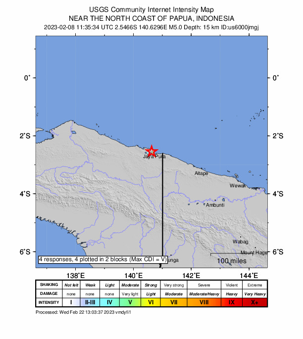 USGS DYFI community-reported intensity map for the M5.0 earthquake near 5 km N of Abepura, Indonesia