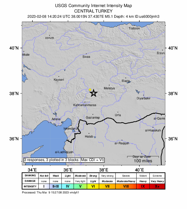 USGS DYFI community-reported intensity map for the M5.1 earthquake near 3 km N of Nurhak, Turkey