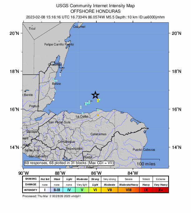USGS DYFI community-reported intensity map for the M5.5 earthquake near north of Honduras