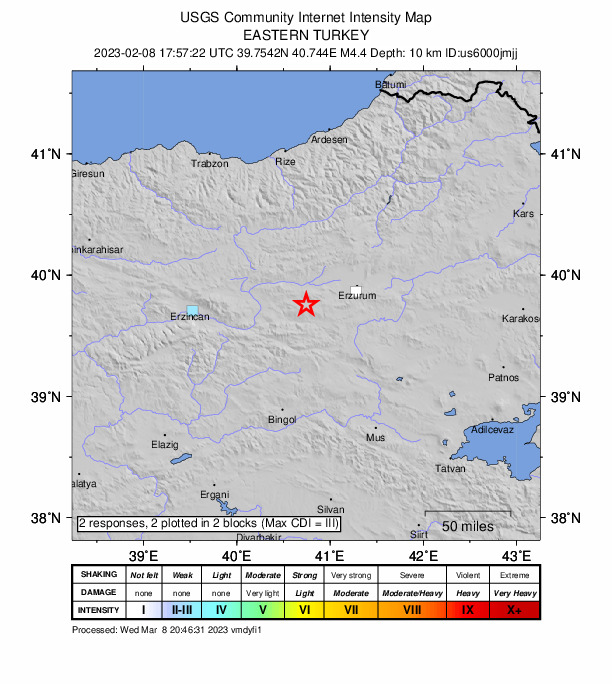 USGS DYFI community-reported intensity map for the M4.4 earthquake near 18 km SSE of A?kale, Turkey