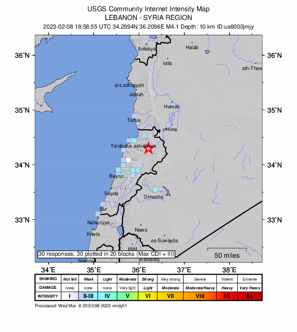 USGS DYFI community-reported intensity map for the M4.1 earthquake near 19 km ENE of Bcharré, Lebanon