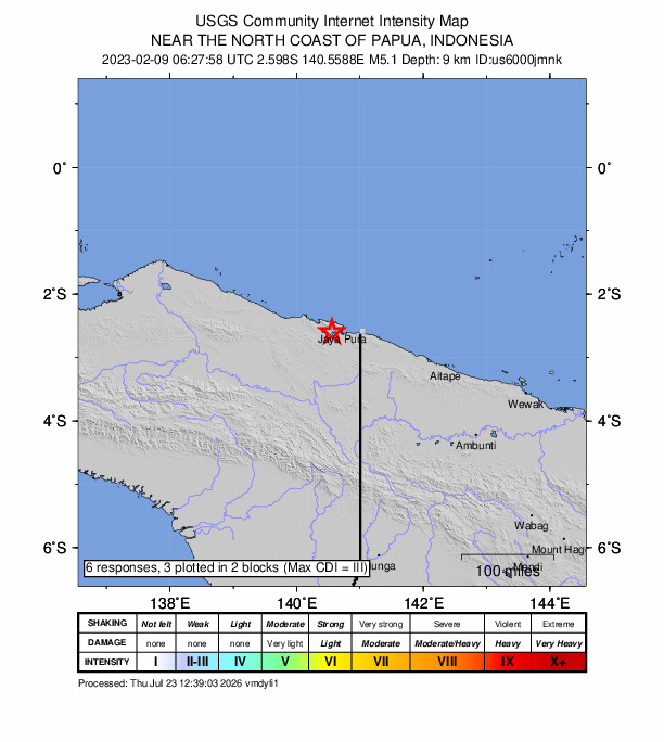USGS DYFI community-reported intensity map for the M5.1 earthquake near 8 km W of Abepura, Indonesia