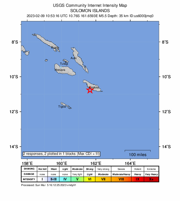 USGS DYFI community-reported intensity map for the M5.5 earthquake near 44 km SW of Kirakira, Solomon Islands