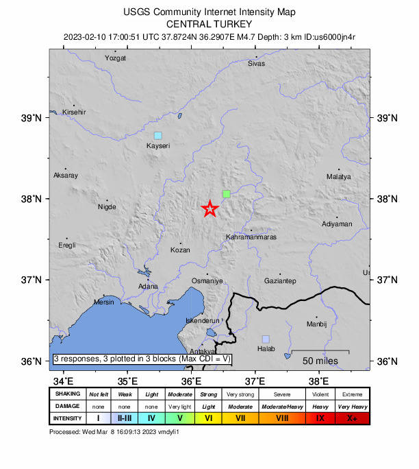 USGS DYFI community-reported intensity map for the M4.7 earthquake near 21 km ESE of Saimbeyli, Turkey