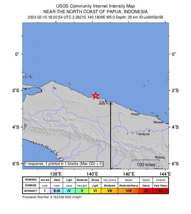 USGS DYFI community-reported intensity map for the M5.0 earthquake near 60 km NW of Abepura, Indonesia
