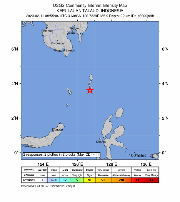 USGS DYFI community-reported intensity map for the M5.9 earthquake near 242 km SE of Sarangani, Philippines