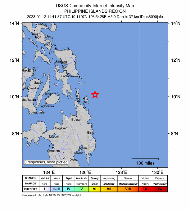 USGS DYFI community-reported intensity map for the M5.0 earthquake near Philippine Islands region