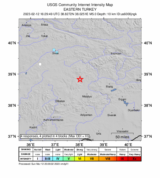 USGS DYFI community-reported intensity map for the M5.0 earthquake near 8 km E of Hekimhan, Turkey