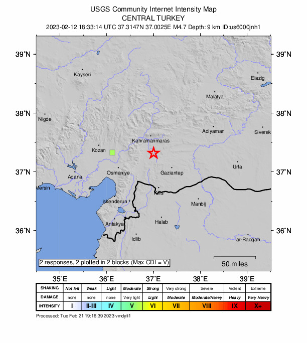 USGS DYFI community-reported intensity map for the M4.7 earthquake near 27 km SSE of Kahramanmara?, Turkey